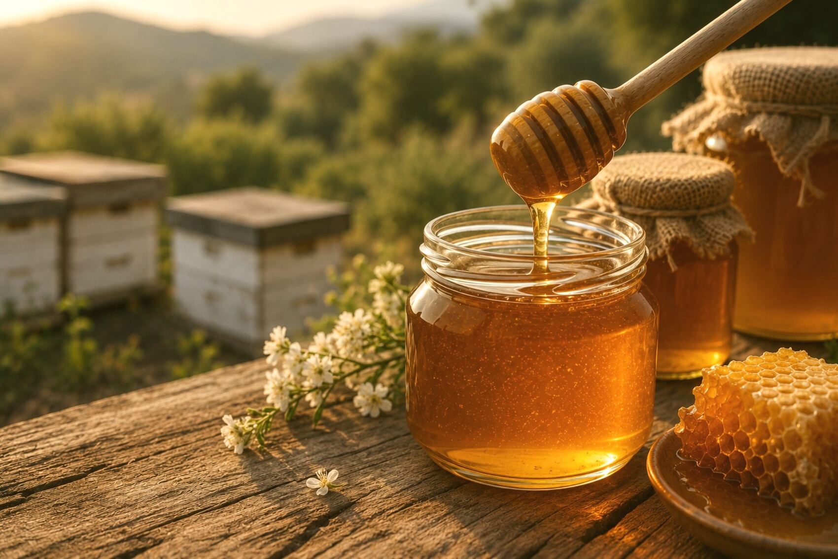 برطمان عسل الباحة الذهبي مع ملعقة خشبية والمنحل خلفه
